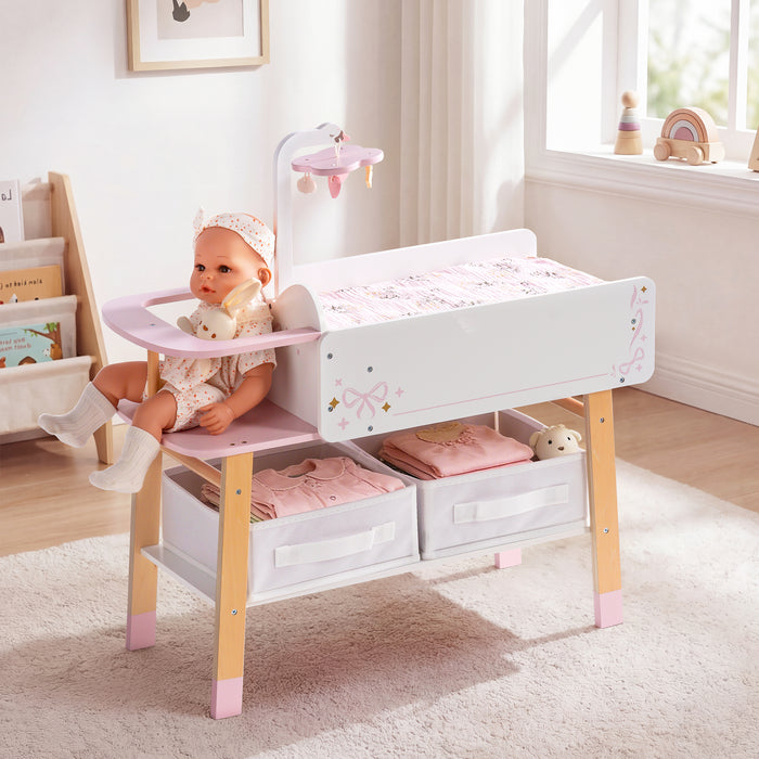 ROBUD doll changing table with a baby doll seated in the attached high chair tray and two white fabric storage bins below.