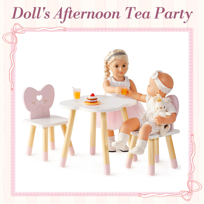 ROBUD 18-inch doll afternoon tea party scene with two dolls seated at white flower-shaped table with pink heart-back chairs
