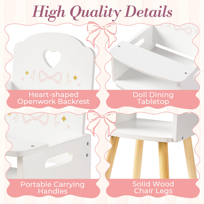 ROBUD doll high chair quality detail panels showing heart-shaped backrest dining tray carry handles and wood legs.