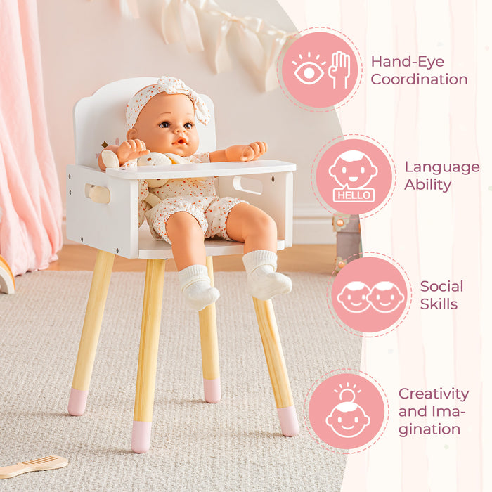 ROBUD white doll high chair educational benefit callout showing hand-eye coordination language and social skills icons.