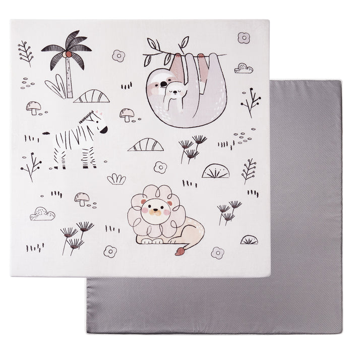 ROBUD baby play mat main product view showing white foam mat with sloth, zebra and cute lion safari illustration, corner folded to reveal grey anti-slip backing, white background