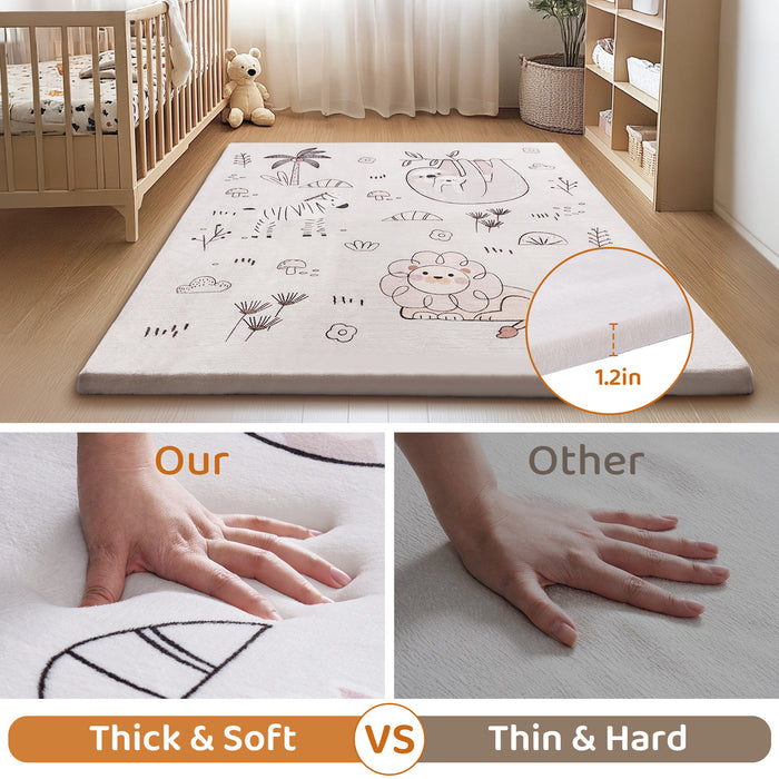 ROBUD baby play mat comparison graphic showing thick soft foam mat versus thin hard competitor mat, 1.2in thickness measured, with mat visible in bright nursery background