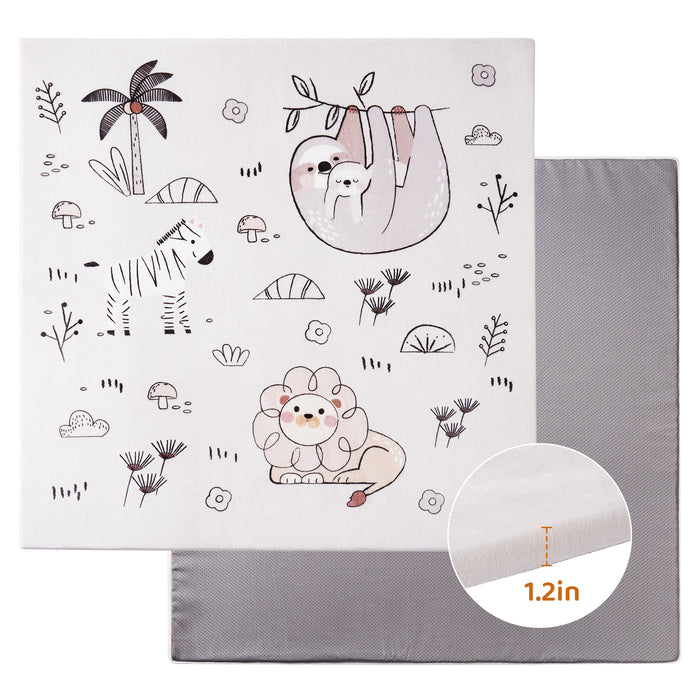 ROBUD baby play mat displayed in a play yard pen with a baby sitting upright on the animal illustration surface, viewed from above inside a beige fabric enclosure
