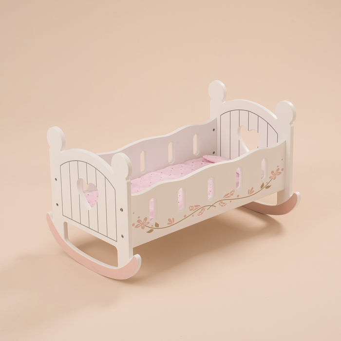 Robud Baby Wooden Doll Crib 18inch WRP01 collectible figurine, lifestyle scene on a wooden desk