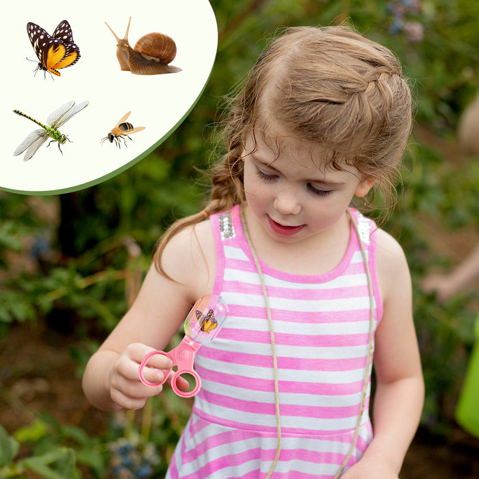 Girl with braided hair outdoors holding ROBUD pink magnifying glass near flowers with butterfly and snail illustrations in corner