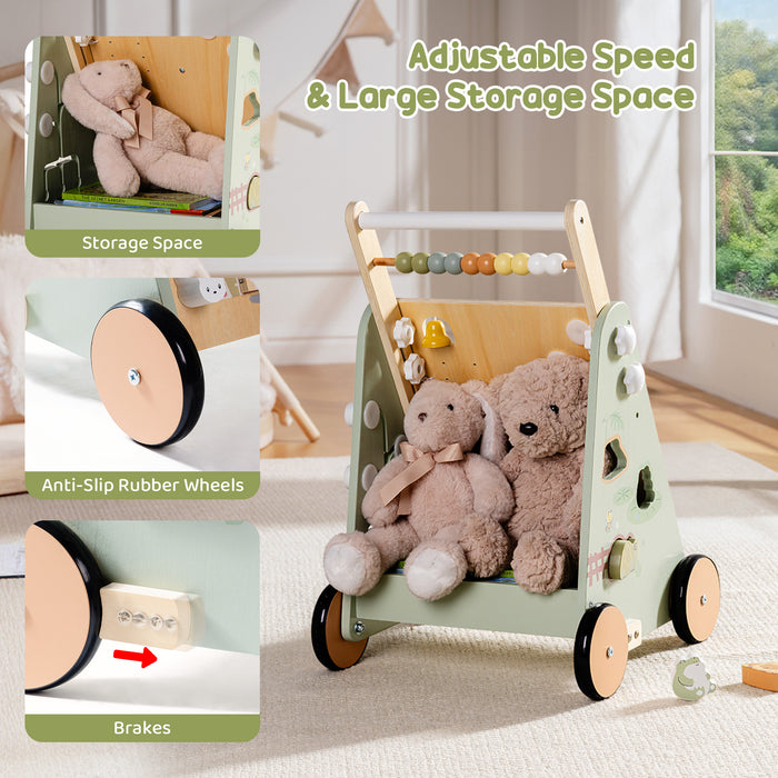 ROBUD Forest Fairy Baby Push Walker adjustable speed and storage space view showing storage compartment, anti-slip rubber wheels and brake detail in sage green