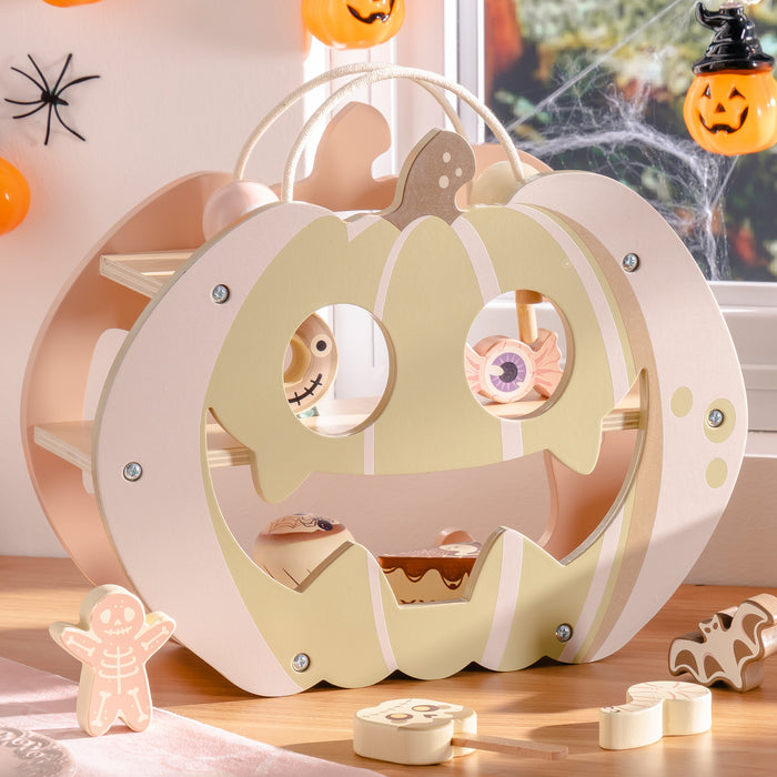 ROBUD Halloween Candy House close-up showing cream wooden pumpkin shape with cut-out eyes, bead details and ghost figurine inside on shelves