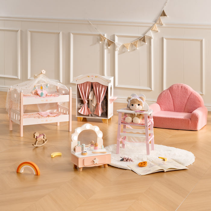 ROBUD Princess series on a light parquet floor with dolls, stuffed animals, and all five pink play furniture pieces.