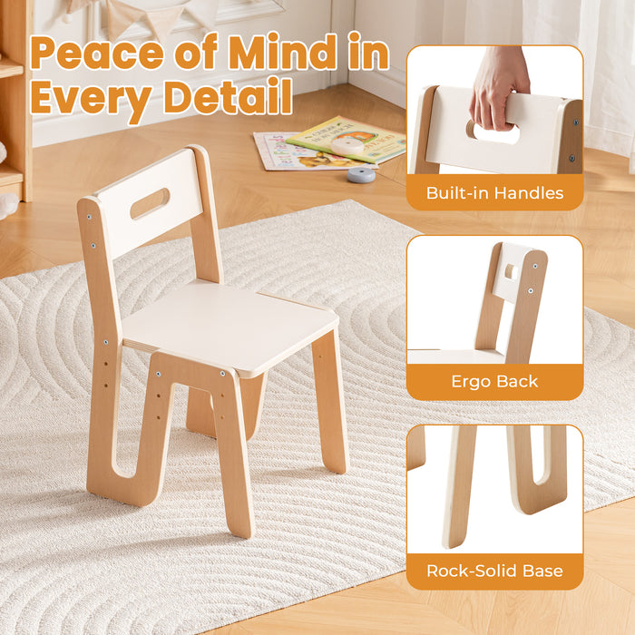 ROBUD kids wooden chair shown with built-in carry handle, ergonomic backrest, and rock-solid base callout details.