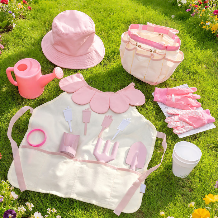ROBUD Kids Gardening Set pink butterfly tote bag held up showing side pockets, butterfly pattern and matching tools and accessories inside