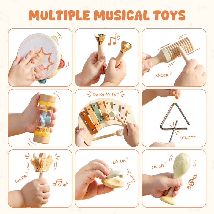 ROBUD Moonlight Music Set collage of hands playing maracas, xylophone, triangle, tambourine and clapper musical instruments