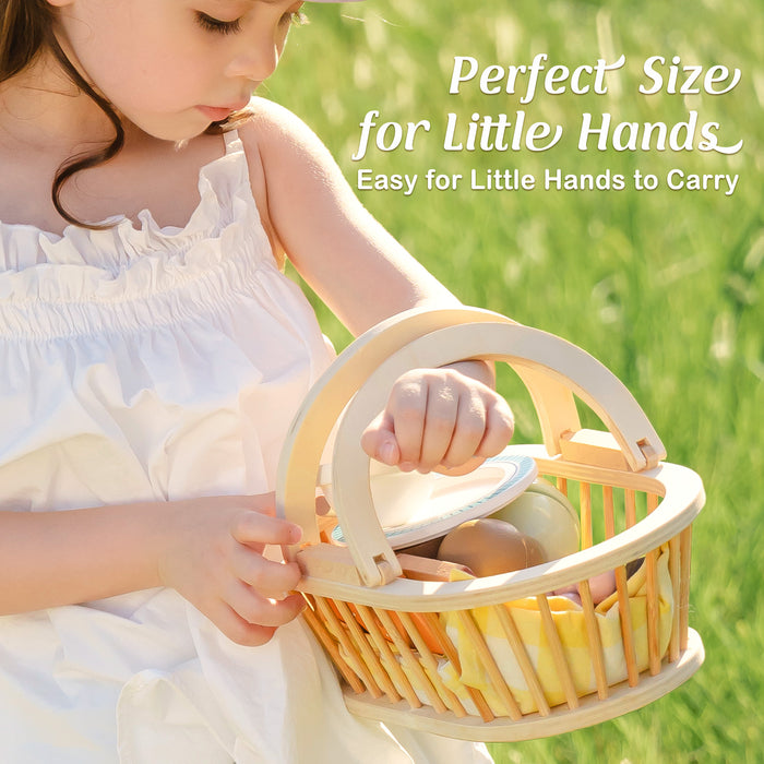 ROBUD Kids Wooden Picnic Play Food Set with girl in white dress holding wicker basket filled with wooden play food for little hands to carry
