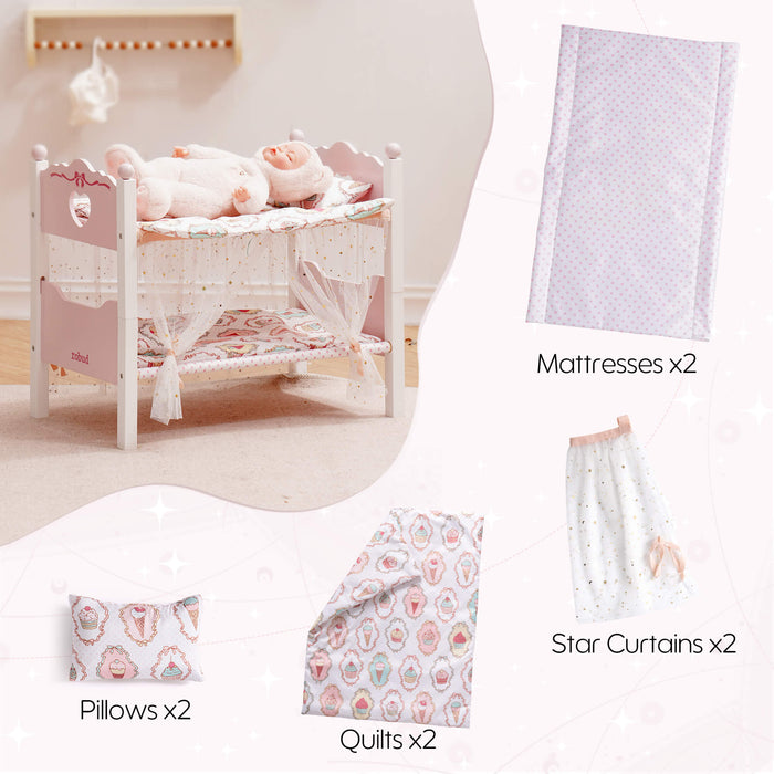 ROBUD pink doll bunk bed shown with accessories including two mattresses, two pillows, two quilts, and two star curtains, with a doll resting on top