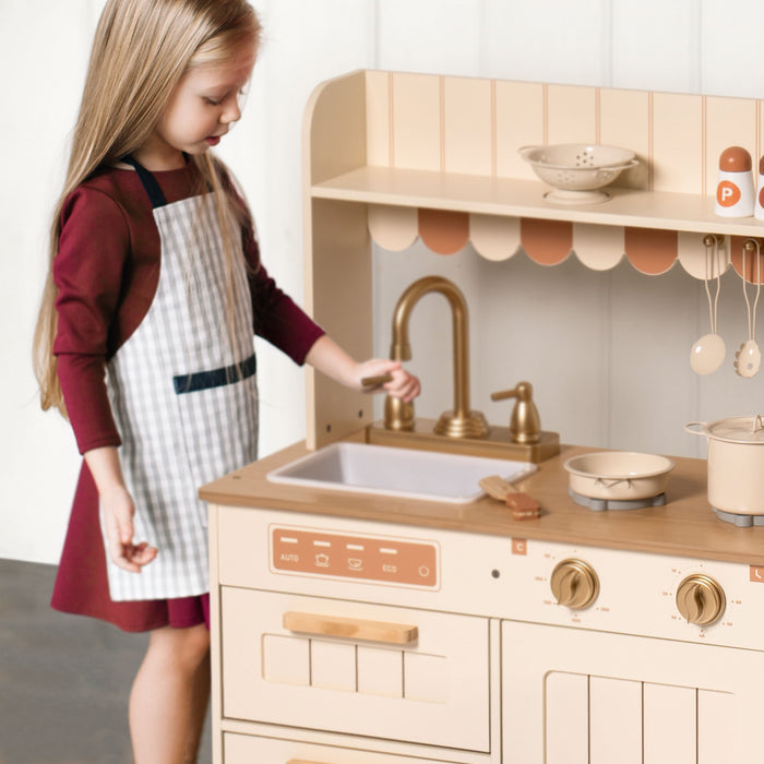 Robud wooden play kitchen rear angle revealing full height cabinet and cooking surface layout.