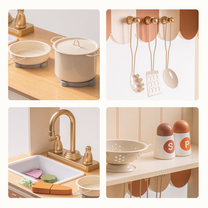 Robud kids kitchen toy with matching white sink basin and gold faucet on wooden countertop.
