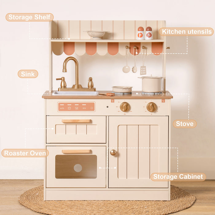 Robud wooden play kitchen showing stovetop burners and microwave in a compact cream finish design.