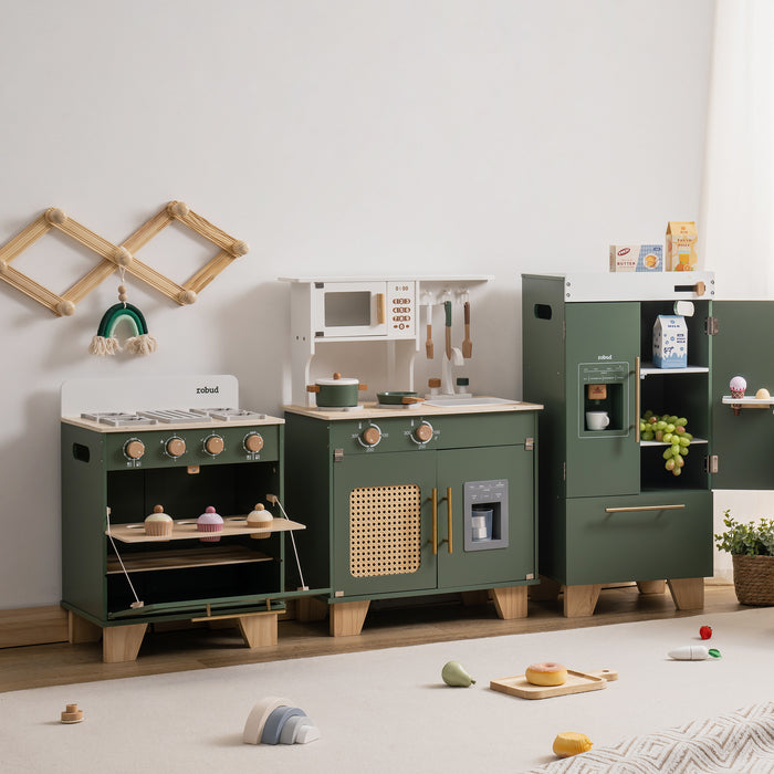 Full ROBUD vintage green 3-piece kitchen set from same angle showing complete lineup of oven, kitchen, and refrigerator in bright room