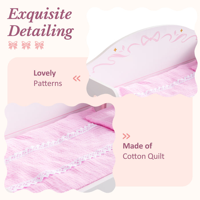 Close-up of ROBUD pink cotton quilt and pillow on doll bunk bed showing lovely bow patterns and lace-edge cotton fabric detail