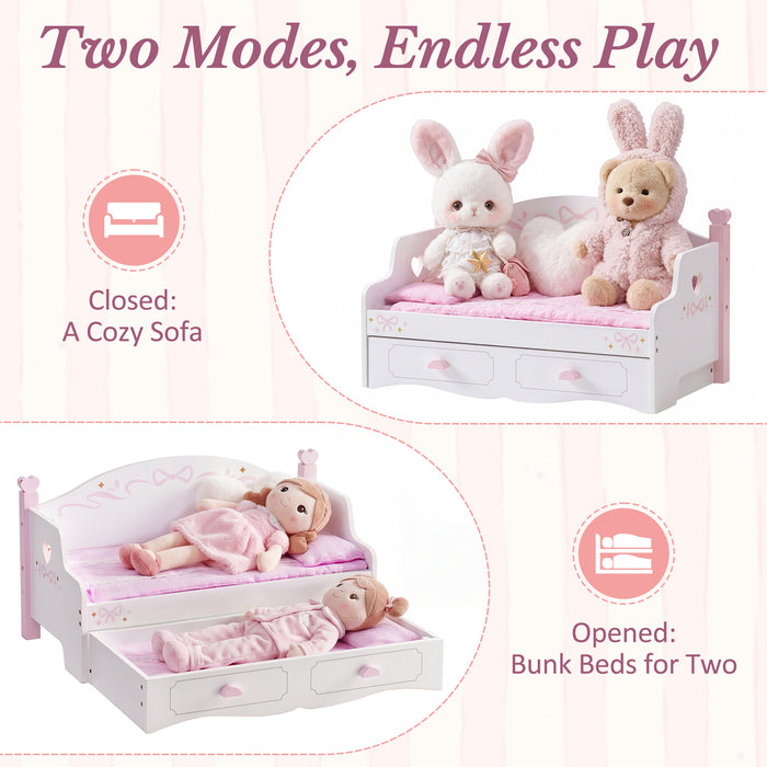 ROBUD pink doll bunk bed shown in two modes: closed as a cozy pink sofa and opened as bunk beds for two 18-inch dolls