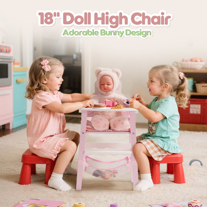 ROBUD pink wooden Doll Dining Chair product lifestyle photo showing safety belt included detail with baby doll seated in chair