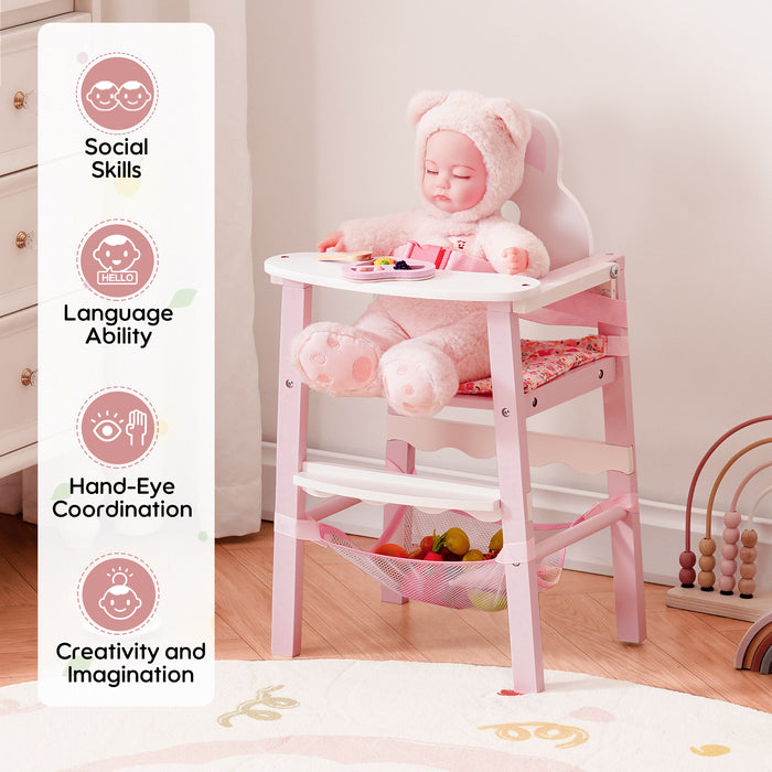 ROBUD wooden doll dining chair feature grid showing bunny backrest, floral seat cushion with safety belt, storage net and food tray accessories