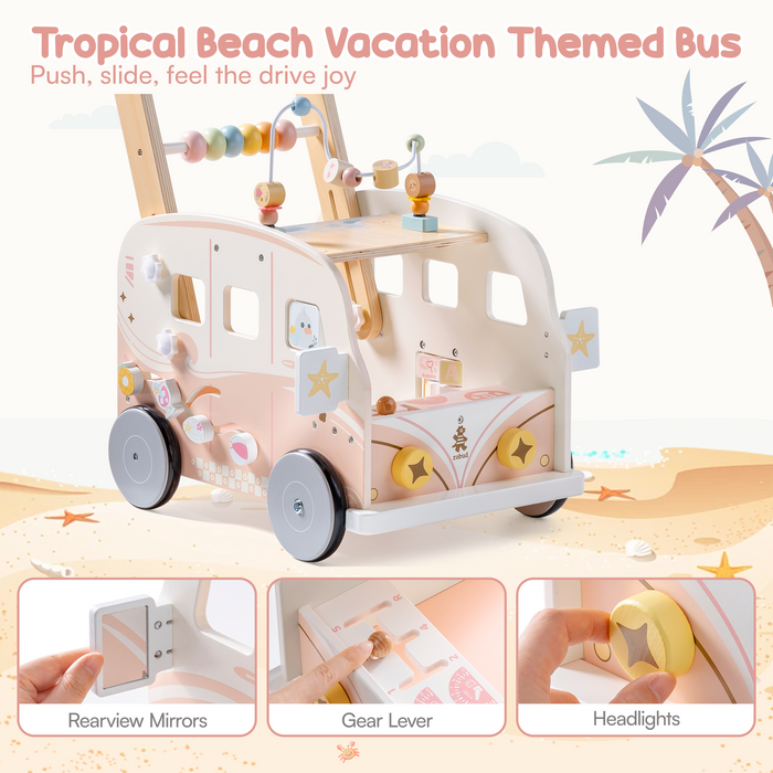 ROBUD pink vacation bus baby walker feature panels with rearview mirrors gear lever and headlight details highlighted.