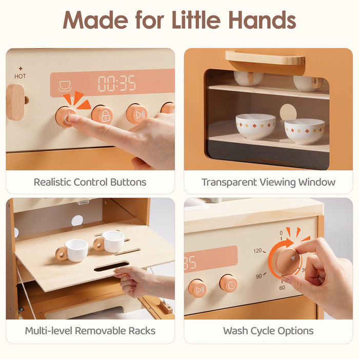 ROBUD Caramel Wooden Dishwasher feature card showing realistic control buttons, transparent window and removable racks