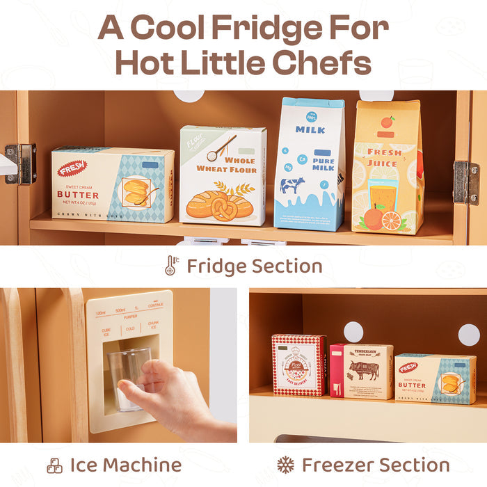 ROBUD Wooden Caramel Refrigerator interior showing fridge section with food accessories, ice machine panel and freezer drawer