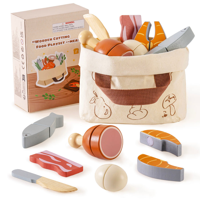 ROBUD wooden cutting meat food playset with packaging box and canvas tote bag displaying chicken leg, salmon, fish, egg, bacon, and wooden knife pieces