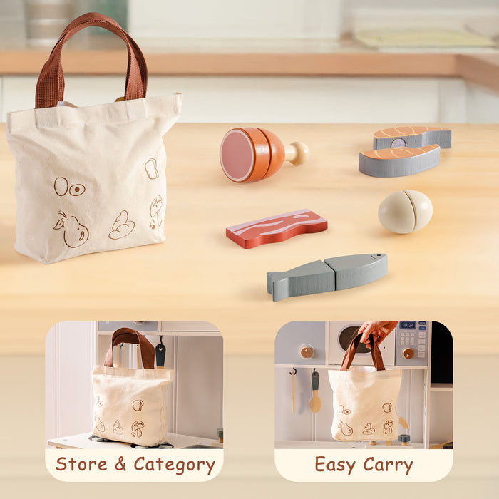 ROBUD wooden meat playset store and carry infographic showing tote bag with pieces on countertop and bag hanging in a play kitchen with microwave