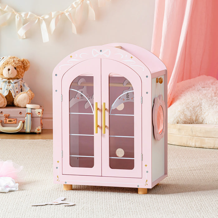 ROBUD pink arched doll wardrobe displayed in a soft bedroom corner near a canopy showing the full exterior profile.