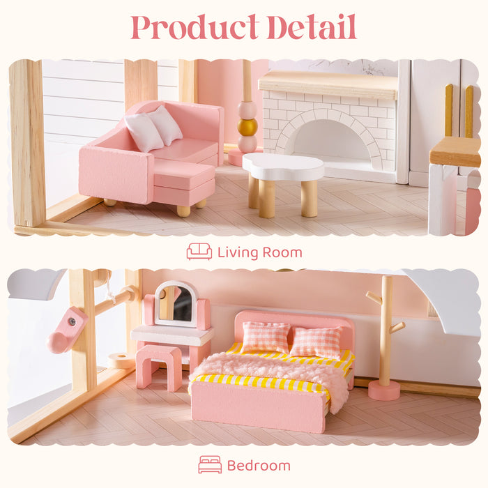 ROBUD Wooden Dollhouse Furniture Set Pink close-up of living room sofa and bedroom pieces in soft pink and white painted wood