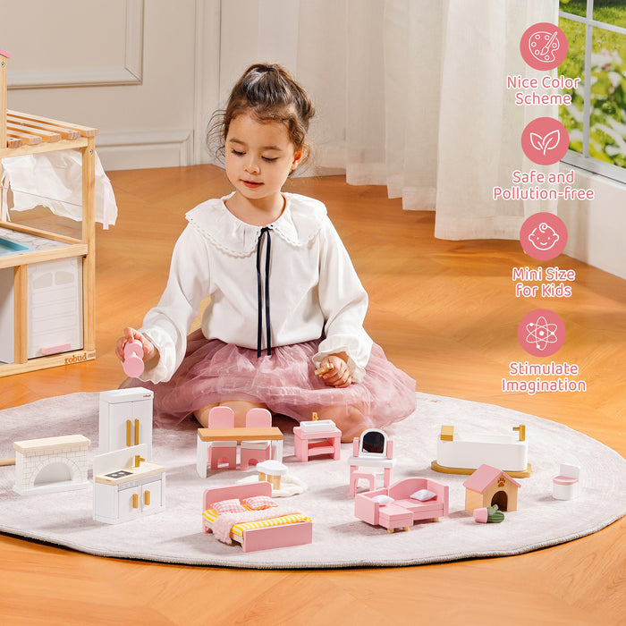 Girl in pink skirt sitting cross-legged on play mat surrounded by ROBUD Wooden Dollhouse Furniture Set Pink miniature room pieces