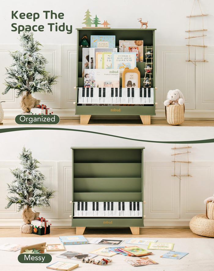 ROBUD Wooden Kids Bookshelf Piano green version keep-tidy comparison showing the olive green bookshelf fully organized with books in a decorated room versus an empty bookshelf with toys scattered on the floor