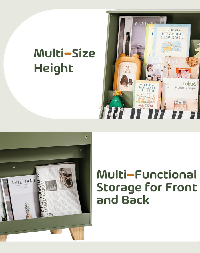 ROBUD Wooden Kids Bookshelf Piano green version in a home environment showing the olive green body with picture books, a decorative tree ornament and small toys displayed in a cozy reading corner