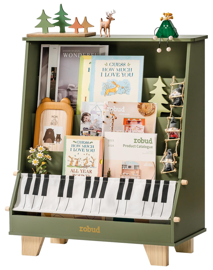 ROBUD Wooden Kids Bookshelf Piano green version side-angle product shot isolated on white showing the piano-key pocket fully extended, tiered book slots and solid natural wood legs