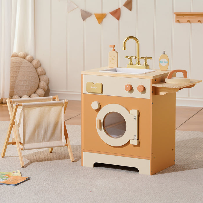 ROBUD Wooden Kids Kitchen Caramel full set room view showing kitchen station, refrigerator and dishwasher in matching warm wood tones