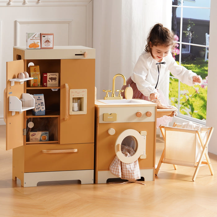 Child in white dress playing with ROBUD Caramel Wooden Refrigerator beside laundry playset in a warm sunlit playroom