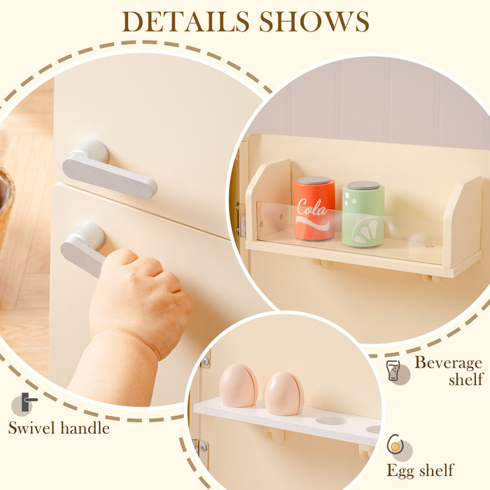 ROBUD creamy wooden play fridge details infographic showing swivel handle close-up, beverage shelf with cola and lemon cans, and egg shelf with pink eggs