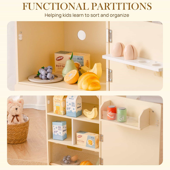 ROBUD creamy wooden play fridge infographic highlighting functional partitions showing interior fruit shelf with grapes, orange, pear, and croissant, plus door beverage shelves