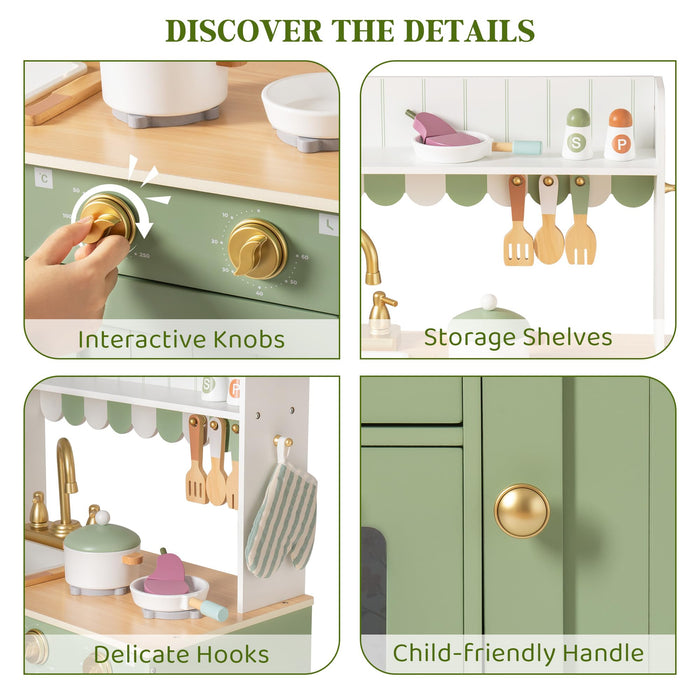 ROBUD Olivia play kitchen detail card showing interactive knobs, storage shelves, delicate hooks and child-friendly handle features