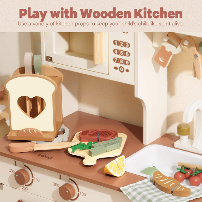 ROBUD toy kitchen brown countertop scene with heart-shaped toast holder, steak on cutting board, lemon halves and green felt garnish beside a toy oven with number panel