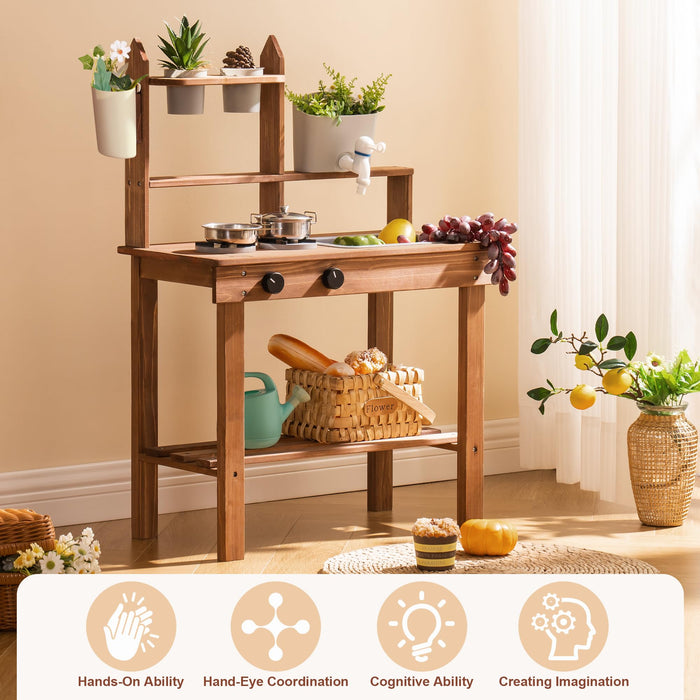 Robud solid-wood outdoor play kitchen lifestyle shot displaying stove, sink and planter shelf with developmental skill icons below for hands-on and cognitive play