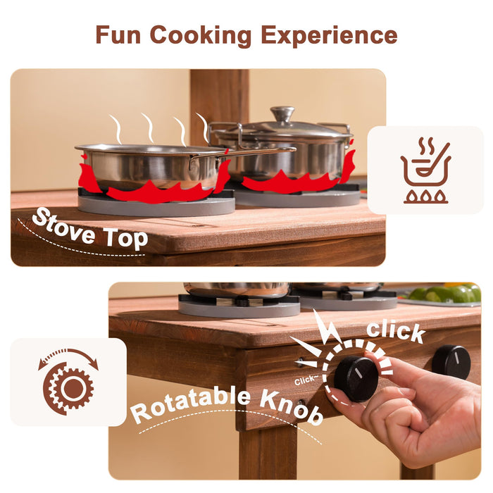 Robud outdoor wooden mud kitchen close-up of stove top panel with rotatable knobs and miniature pots showing simulated flame effect callouts
