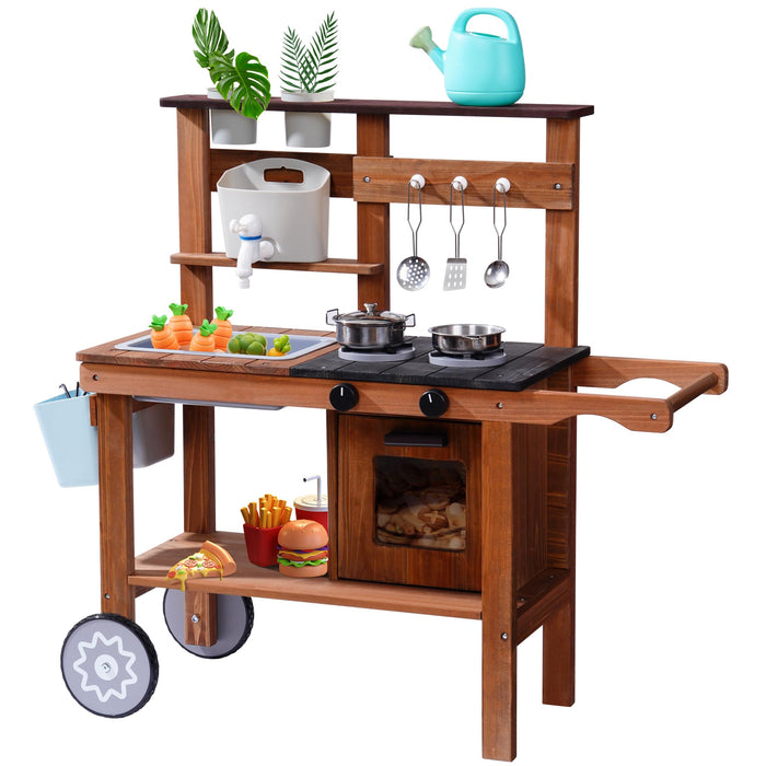 ROBUD outdoor wooden mud kitchen with brown frame, upper shelf, stove burner, hanging pots and watering can on white