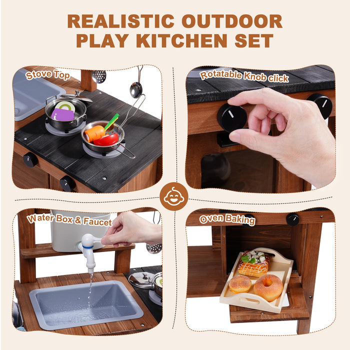 ROBUD outdoor mud kitchen realistic features detail showing slate cooktop, stainless sink and lower storage shelf close-ups