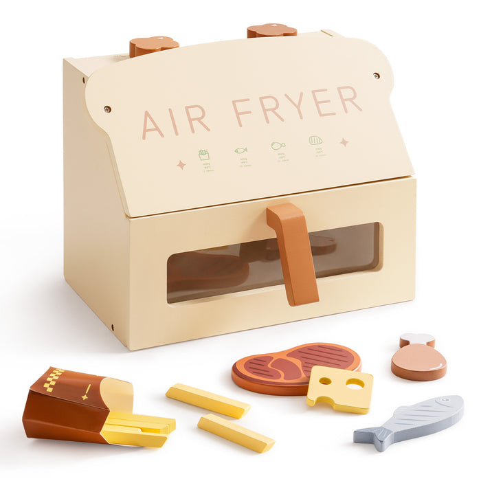 ROBUD creamy wooden play air fryer product shot on white background with french fries, steak, yellow cheese, grey fish, and orange chicken leg accessories in front