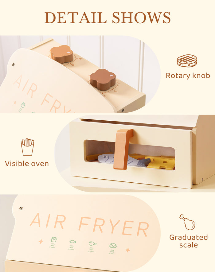 ROBUD creamy wooden play air fryer detail infographic showing rotary knob, visible oven window with fish inside, and graduated scale panel on the lid