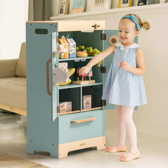 Robud Wooden Play Fridge Freezer Set for Kids 3D wooden model kit, angled three-quarter view of the build