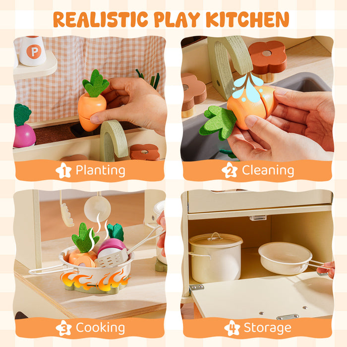Feature quadrant for the ROBUD cream wooden play kitchen: planting carrots, sink cleaning, stovetop cooking, and storage.